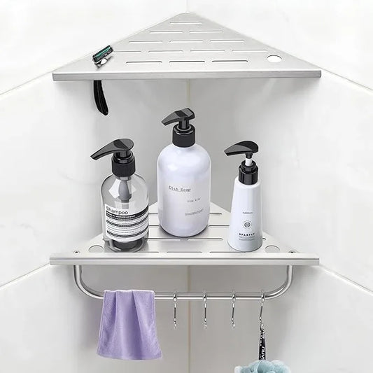 Shower Corner Shelf, 10'' Corner Shower Shelf with Towel Bar & Hooks, 2-Pack 304 Stainless Steel Recessed Bathroom Shelves, No Drilling for Tiled Wall (Brushed Nickel) - ModernBath
