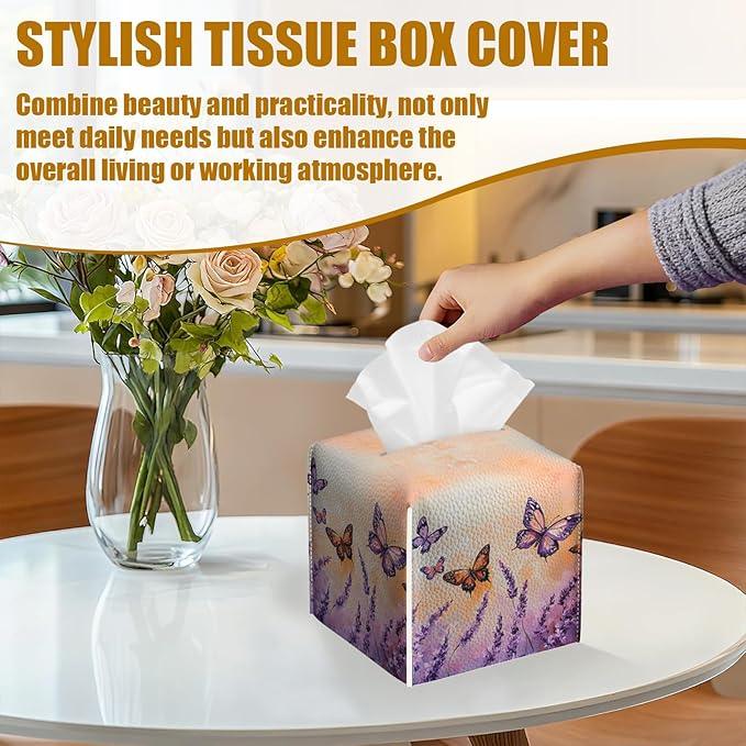 Purple Butterfly Lavender Tissue Box Cover 2PCS, Leather Tissue Box Holder Square Facial Paper Case Tissue Box Cube Organizer for Bathroom Bedroom Desk Office - ModernBath
