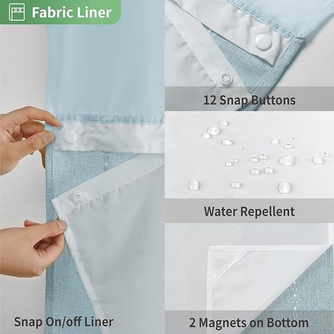 eachope No Hook Long Shower Curtain Set with Snap-in Fabric Liner,Linen Textured Thick Striped Fabric with Tassels,Boho Farmhouse Rustic Luxury Bathroom Curtain,Water-Repellent,Fog Blue,71x80 - ModernBath