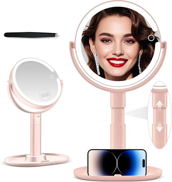 MIYADIVA Makeup Mirror with Lights, 30X Magnifying Mirror with Light and Touch Switch, Vanity Mirror with 3 Color Light and 80 LEDs, Height Adjustable Desk Mirror with Light, Pink - ModernBath