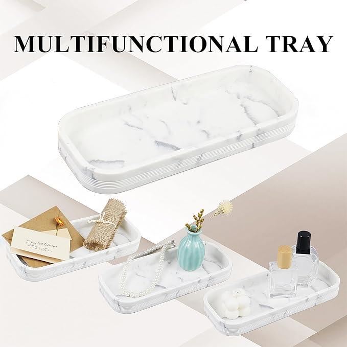 LIN CHUAN 6-Piece Bathroom Accessories Set, Organizer Set with Soap Dispenser, Toothbrush Holder Set, Vanity Tray, Tumbler & 2 Cotton Swab Jars – Modern Stylish Bathroom Storage(Marble White) - ModernBath