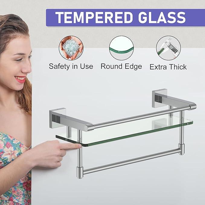 Glass Shelf for Bathroom 16 in Bathroom Shelves with Towel Bar Tempered Glass Shelves with Stainless Steel Towel Holder for Wall (Chrome Polished) - ModernBath