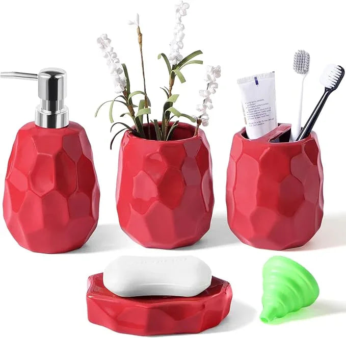 Ceramic Bathroom Accessories Set 4 PCS,Bathroom Toothbrush Holder Set,Soap and Toothbrush Holder Set,Include Toothbrush Holder,Soap Dispenser,Tumbler,Soap Dish,Bathroom Sets Decor Organizer (Red) - ModernBath