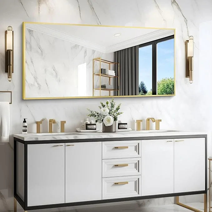 COFENY Gold Bathroom Mirror for Wall, 60x30 Inch Rectangle Mirrors with Metal Frame, Modern Vanity Wall Mirror Decor for Bathroom Living Room, Entryway Hangs Horizontal or Vertical - ModernBath