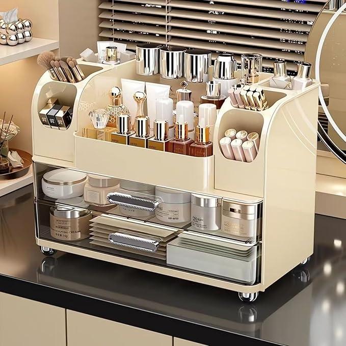 Makeup Organizer with Drawers for Vanity,Bathroom Countertop Organizer with Brushes Holder,Skincare Storage Organizer,Perfect Cosmetic Display Case for Skincare,Lipstick and Beauty Essential (Cream) - ModernBath