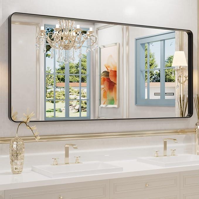 WEER Black Metal Framed Mirror, 60X28 Inch Rectangular Matte Black Wall Mirror for Bathroom, Rounded Corner Black Bathroom Vanity Mirror, Tempered Glass, Anti-Rust, Hangs Horizontal or Vertical - ModernBath