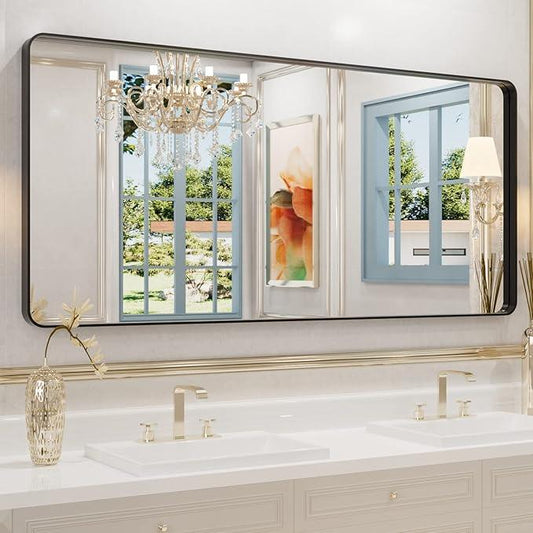 WEER Black Metal Framed Mirror, 60X28 Inch Rectangular Matte Black Wall Mirror for Bathroom, Rounded Corner Black Bathroom Vanity Mirror, Tempered Glass, Anti-Rust, Hangs Horizontal or Vertical - ModernBath