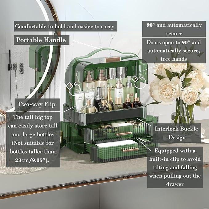 LINFIDITE Cosmetics Storage Box Transparent Lid Large Makeup Organizer Box Drawers Portable Handle Waterproof Dustproof Skincare Display Cases for Countertop, Bathroom, Dresser,Gift Clear Green - ModernBath