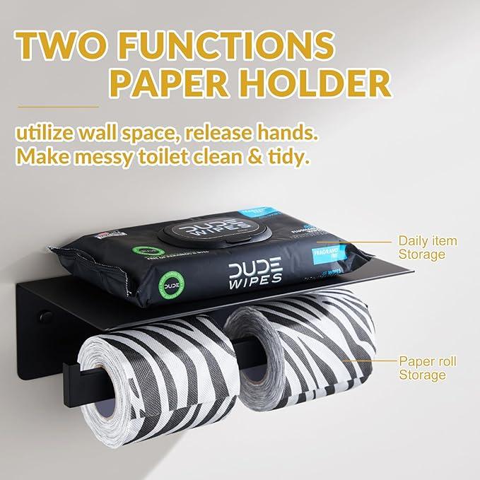 APLusee Matte Black Double Toilet Paper Holder with Shelf, 304 Stainless Steel Bathroom Tissue Roll Holder, Commercial Paper Dispenser Wall Mounted - ModernBath