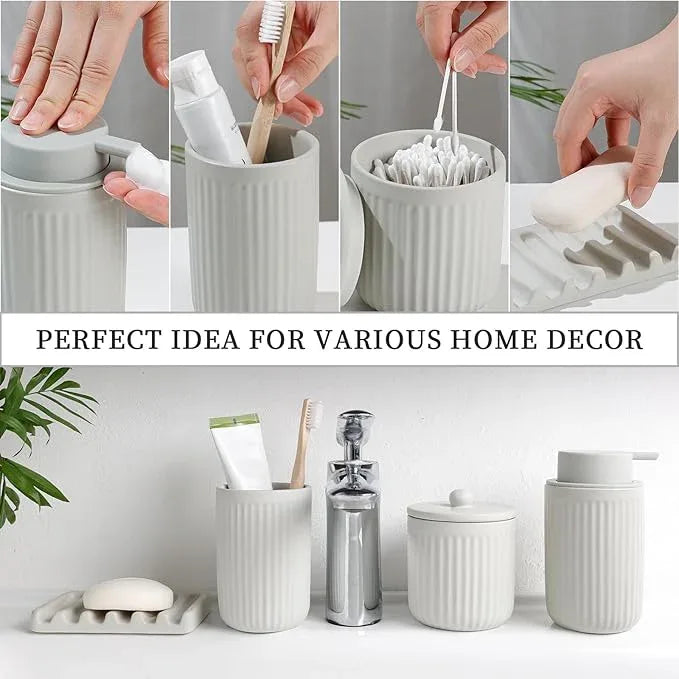 BosilunLife Light Grey Bathroom Accessories Set - Ceramic Bathroom Counter Soap Set Bathroom Decor Sets Accessories Bathroom Foam Soap Dispenser and Toothbrush Holder Set, Soap Dish, Apothecary Jars - ModernBath