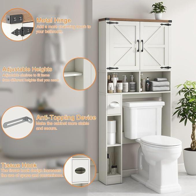 Vabches Over The Toilet Storage Cabinet, Farmhouse Storage Cabinet Over Toilet with 2 Barn Doors && Toilet Paper Holder Stand，Home Space-Saving Toilet Rack, for Laundry, Restroom, Bathroom - ModernBath