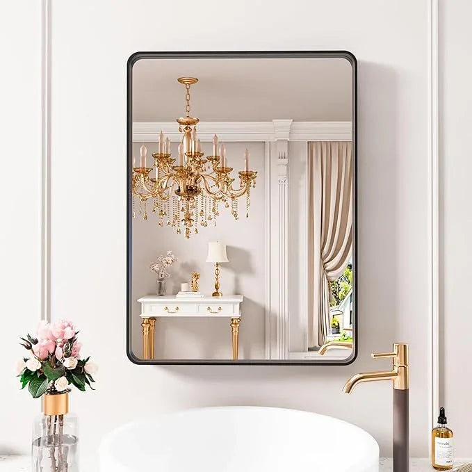 JISOSO Black Bathroom Mirror 22X30 Inch, Black Metal Framed Mirror for Wall, Rounded Rectangle Matte Bathroom Vanity Mirror with Tempered Glass, Anti-Rust, Horizontal/Vertical - ModernBath