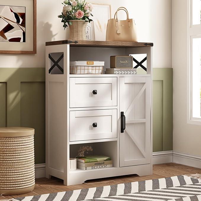 Fameill White Farmhouse Storage Cabinet with 2 Drawers & Shelves,Freestanding Kitchen Cabinet with Doors,Floor Storage Organization for Living Room,Bathroom,Laundry - ModernBath