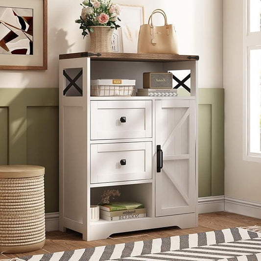 Fameill White Farmhouse Storage Cabinet with 2 Drawers & Shelves,Freestanding Kitchen Cabinet with Doors,Floor Storage Organization for Living Room,Bathroom,Laundry - ModernBath