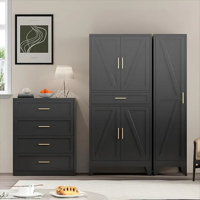 COFaR 71" Tall Metal Storage Cabinet with 4 Doors and 4 Adjustable Shelves, 6-Tier Farmhouse Storage Cabinet with Drawers and Legs, for Office, Home, Garage, Gym, School, Living Room, Hallway（Black） - ModernBath