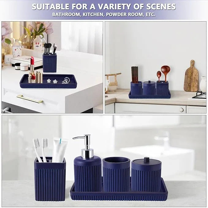 XLHOMO Resin Navy Blue Bathroom Accessories Set 5 Pcs, Lotion Soap Dispenser, Toothbrush Holder, Bathroom Tumbler, Qtip Holder and Vanity Tray, Bathroom Countertop Organizer Set for Modern Apartment - ModernBath