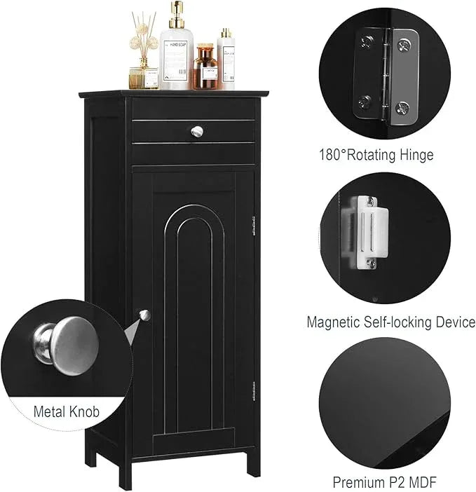 Tangkula Bathroom Floor Cabinet, Wooden Side Storage Organizer, Free-Standing Single Door Floor Storage Cabinet with Large Drawer & 2 Adjustable Shelves for Living Room Kitchen (Black) - ModernBath