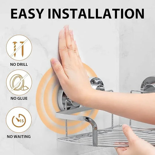 LEVERLOC 2 Pack Powerful Suction Cup Corner Shower Caddy, Stainless Steel Rustproof Shower Shelf with Hooks, Drill-Free Wall Mounted Bathroom Organizer, Large Capacity Removable Suction Basket, Silver - ModernBath