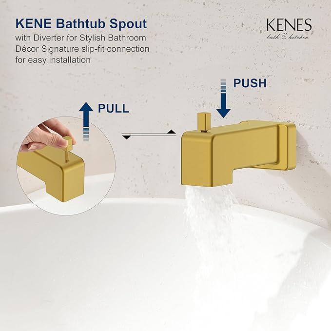 KENES Brushed Gold Tub and Shower Trim Kit, Square Tub Shower Faucet Set Complete with 6-Inch Rainfall Shower Head and Tub Spout, KE-6025A-4 (Shower Valve Included) - ModernBath