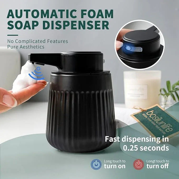 BosilunLife Ceramic Automatic Soap Dispenser with Extended Pump Nozzle, 3 Adjustable Levels, Touchless Foam Hand Wash Foaming Dispenser for Bathroom & Kitchen, Striped Design, Black, 10oz - ModernBath