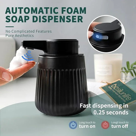 BosilunLife Ceramic Automatic Soap Dispenser with Extended Pump Nozzle, 3 Adjustable Levels, Touchless Foam Hand Wash Foaming Dispenser for Bathroom & Kitchen, Striped Design, Black, 10oz - ModernBath