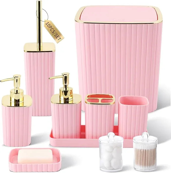 XLHOMO Pink Bathroom Accessories Set - Gorgeous Bathroom Set, 10PC Bathroom Accessory Set, Toilet Brush, Trash Can, Qtip Holder Dispenser & Soap Dispenser - ModernBath