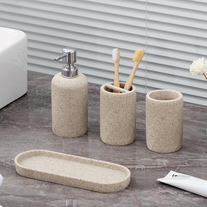 Bathroom Accessories Set, Bathroom Organizer Countertop, Soap Dispenser and Toothbrush Holder, Mouthwash Cup, Tray Set, Vanity Tray for Bathroom, 4 Pieces Modern Decor (Beige) - ModernBath