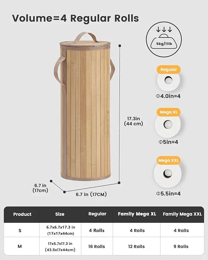 Bamboo Toilet Paper Storage Basket with Lid & Handle - 10L Handwoven Bathroom Organizer for 4 Rolls - Sturdy Stand Holder for Toilet Paper Organization, Natural - ModernBath