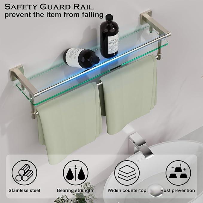 24-Inch Modern Wall-Mounted Bathroom Glass Shelf with 1 Shelf, Brushed Nickel, 1 Towel Bar, 45 lbs Weight Capacity - ModernBath
