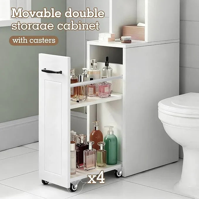Extendable Rolling Drawer-Style Toilet Storage Cabinet. Conveniently Mobile. Sliding Storage Doors. Adjustable Shelving. Compact Bathroom Storage. Toilet Paper Holder. Bathroom, Toilet, Laundry Room - ModernBath