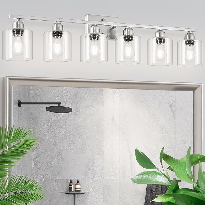 FAISHILAN Modern Brushed Nickel 6 Light Bathroom Light Fixtures,38 inch Vanity Lights for Bathroom with Clear Glass, Vanity Light for Mirror Kitchen Living Room Hallway Cabinet Porch - ModernBath