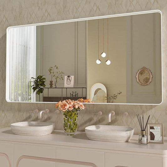 WEER White Bathroom Mirror 60X28 Inch, Rounded Rectangle White Metal Frame Mirror, Matte White Bathroom Vanity Mirror with Tempered Glass, Anti-Rust, Hangs Horizontally or Vertically - ModernBath