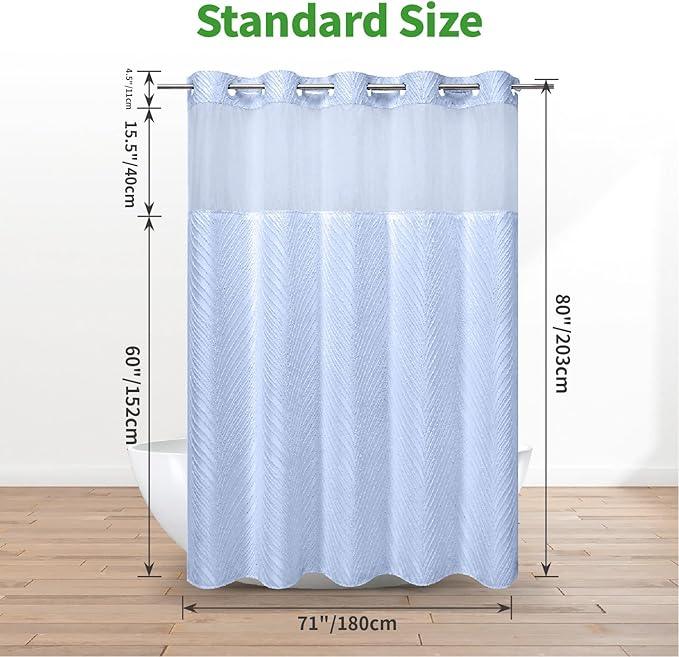 eachope no Hook Shower Curtain and Liner Set，Boho Style with See Through Top Window, Blue Fabric Tufted Striped Textured Outer Curtain & Waterproof Inner Liner, FrostBlue, 71Wx80H - ModernBath