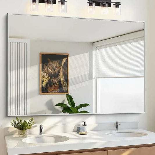 KOCUUY Silver Bathroom Mirror, 60"x40" Large Rectangle Bathroom Mirror for Wall, HD Tempered Glass, Anti-Rust Brushed Silver Frame, Modern Design for Bathroom, Bedroom, Hang Horizontal/Vertical - ModernBath