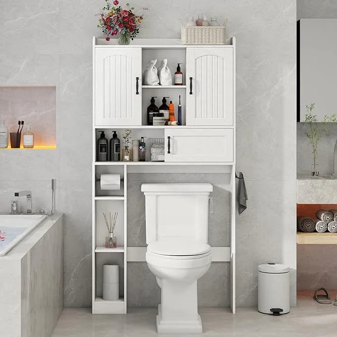 Vabches Farmhouse Over The Toilet Storage Cabinet with 2 Barn Doors & Sliding Door, Over The Toilet Bathroom Organizer with Open Storage Layer and Adjustable Shelves & Hooks.White - ModernBath