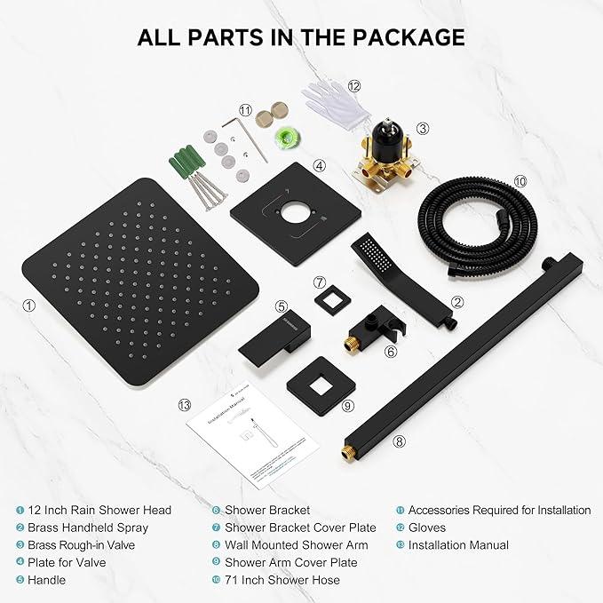 SR SUN RISE Shower Faucet Set & System - 12 Inch Rainfall Shower Head & Handle Set Wall Mounted Matte Black Solid Brass Valve Trim Kit Included - ModernBath