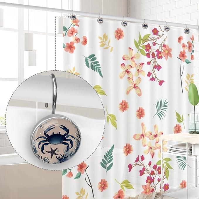 Retro Ocean Crab Shower Curtain Hooks, 12Pcs Decorative Rust Resistant Shower Rings for Shower Curtain Rods, Stainless Steel Round Curtain Hooks for Bathroom, Bedroom - ModernBath