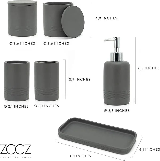 ZCCZ Gray Bathroom Accessories Set 6 Pieces - Toothbrush Holder, Lotion Dispenser, Qtip Container, Vanity Tray, Tumbler - Countertop Organizer for Bathrooms - Elegant and Functional Décor Set - ModernBath