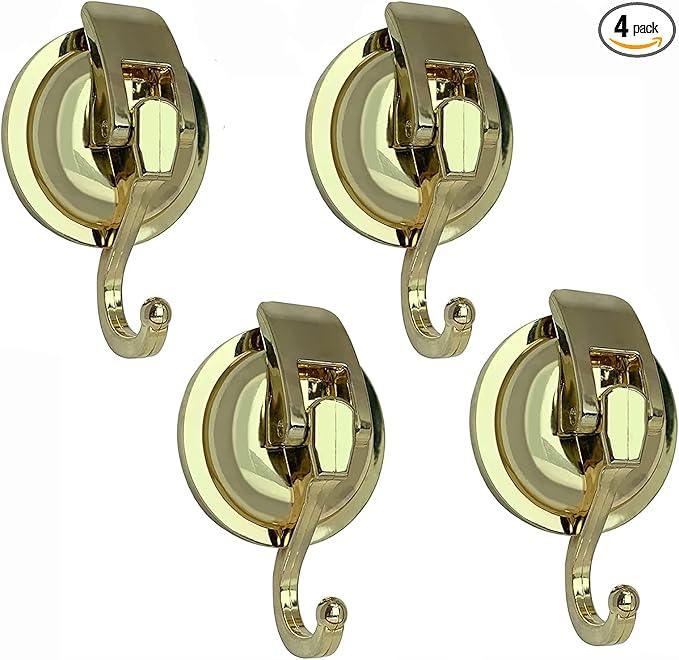 Suction Cup Shower Hooks - Heavy Duty, Glass Suction Hooks for Bathroom Robes and Decorations (Gold, 4 Pack) - ModernBath