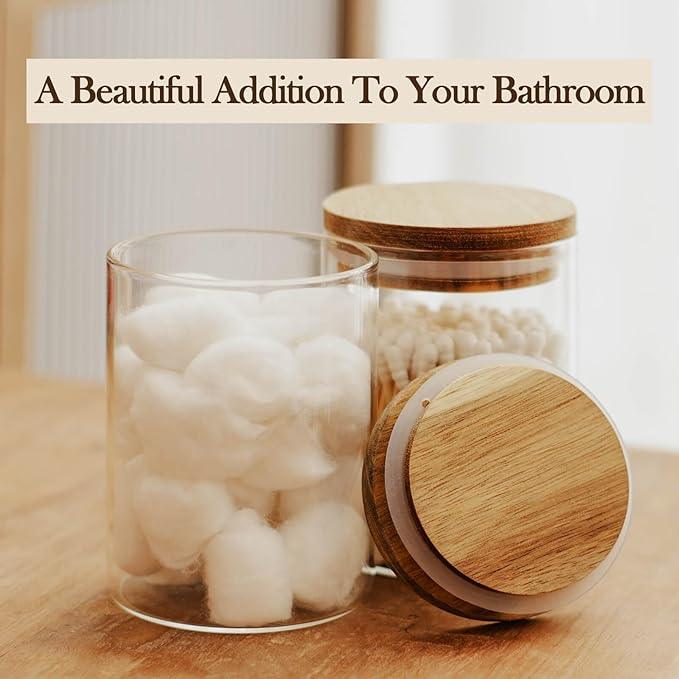 Labina Qtip Holder Glass Bathroom Organizer Storage Canisters with Wooden Lid, 10oz Jar for Cotton Balls Swabs Dispenser and Bathroom Essentials(2 Pack) - ModernBath