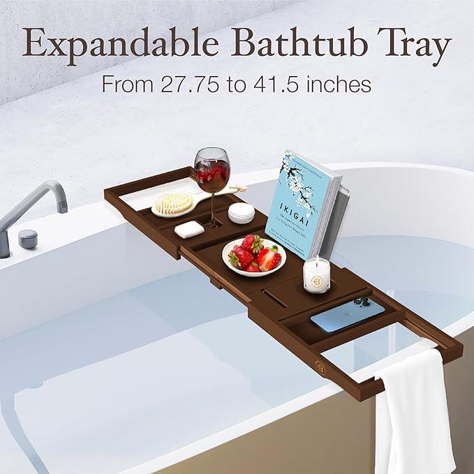 Wooden Bathtub Tray - Foldable & Expandable Bamboo Bath Tray for Tub with Wine Holder, Book & Tablet Stand - Bath Caddy Tray for Bathtub, Spa Bath Accessories, Tub Tray Table, (Brown) - ModernBath