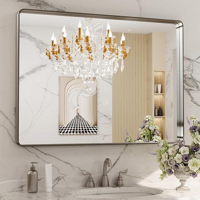 LOAAO 40X30 Inch Brushed Nickel Bathroom Mirror, Rounded Rectangle Silver Metal Frame Mirror, Brushed Nickel, Anti-Rust, Shatter Proof, Hangs Horizontally or Vertically - ModernBath