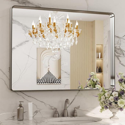 LOAAO 40X30 Inch Brushed Nickel Bathroom Mirror, Rounded Rectangle Silver Metal Frame Mirror, Brushed Nickel, Anti-Rust, Shatter Proof, Hangs Horizontally or Vertically - ModernBath