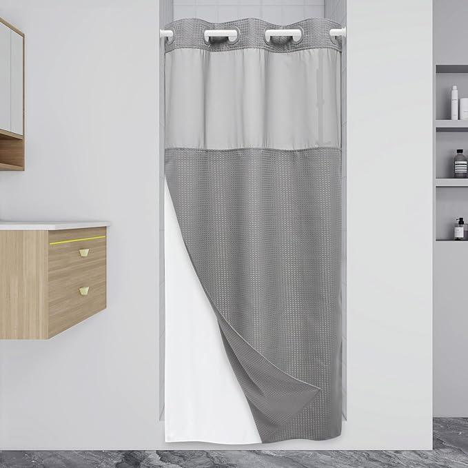 EUTXL Stall No Hook Shower Curtain with Snap in Liner,230GSM Waffle Weave Shower Curtains for Bathroom,36W x 74H,Grey - ModernBath