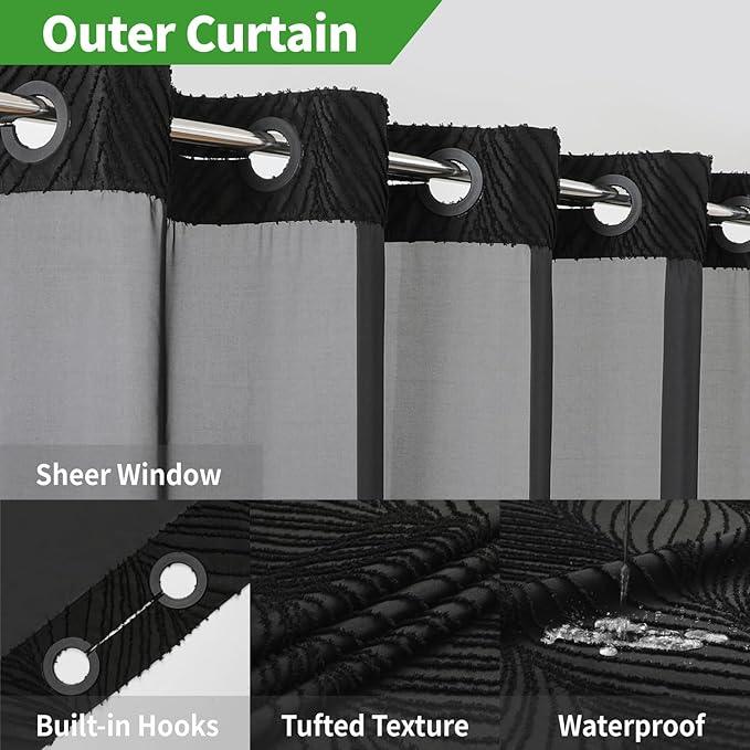 eachope no Hook Shower Curtain and Liner Set，Boho Style with See Through Top Window, Black Fabric Tufted Striped Textured Outer Curtain & Waterproof Inner Liner, DarkBlack, 71Wx98H - ModernBath