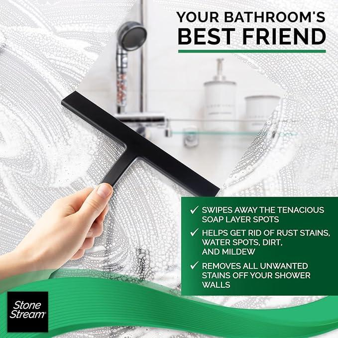Original StoneStream Stainless Steel Shower Squeegee - Premium Quality Bathroom Squeegee with Non-Slip Handle and 2 Holders for Quick and Easy Cleaning of Glass, Tile, and Mirrors - Matte Black - ModernBath