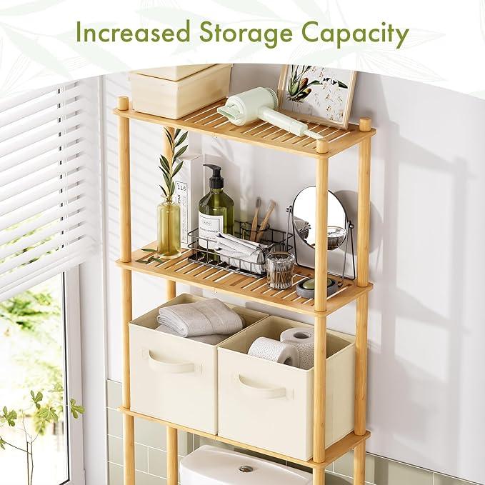 AmazerBath Over The Toilet Storage Bamboo, 3-Tier Over Toilet Organizer Rack with 2 Fabric Storage Bins, Freestanding Toilet Shelf for Bathroom Laundry Space Saver, Natural Color - ModernBath