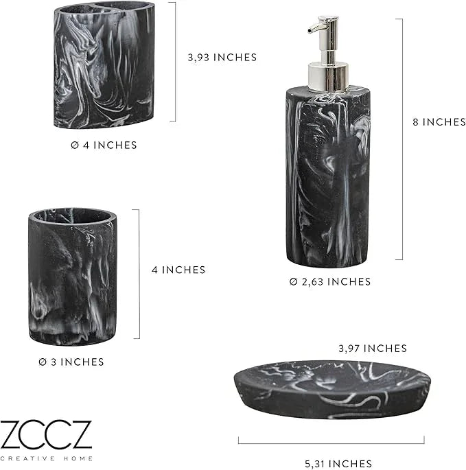 ZCCZ Bathroom Accessories Set, 4-Piece Marble Pattern with Soap Dispenser, Toothbrush Holder, Tumbler, and Soap Dish for Modern Bath Décor, Elegant and Durable Design for Home or Office Bathrooms - ModernBath