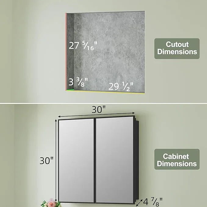 Buruis 30" x 30" Framed Medicine Cabinet with Mirror, Recessed or Wall Mounted Bathroom Cabinet, Adjustable Tempered Glass Shelves, Left/Right Open Reversible, No Assembly Required, Black - ModernBath