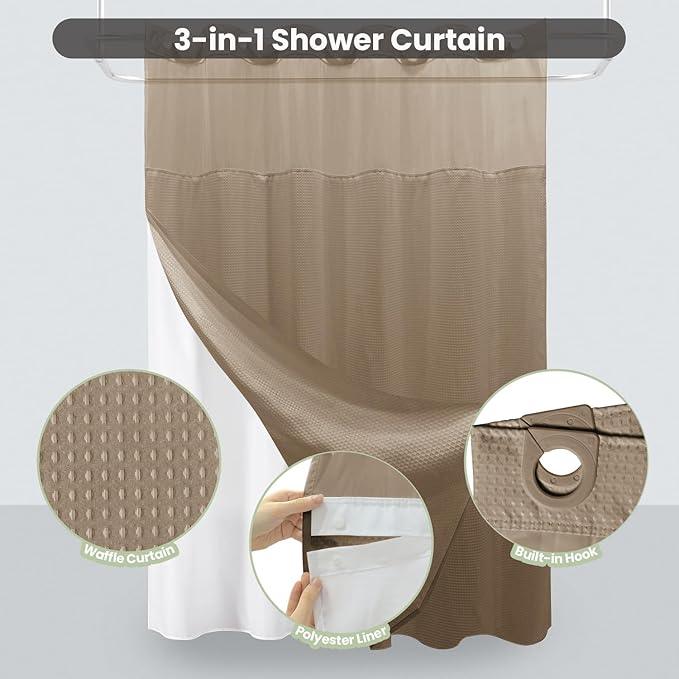 Inhousolu No Hook Shower Curtain with Snap in Fabric Liner Set Waffle Weave 230GSM Weighted Hem, Waterproof & Washable Bathroom Curtain Spa Luxury with Mesh Top Window 72" W x 72" L Beige - ModernBath